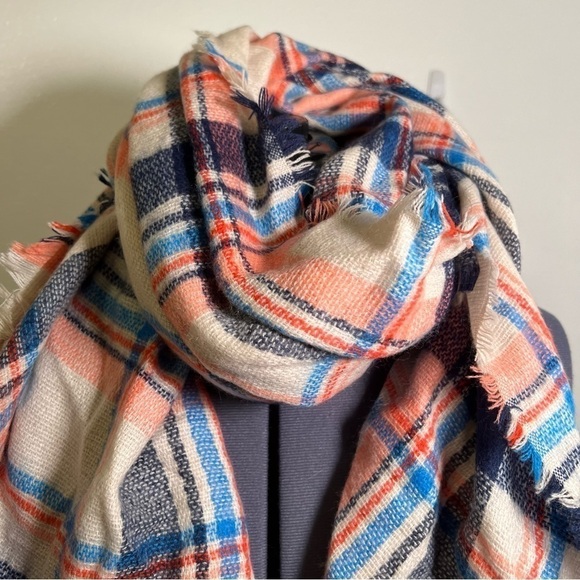 Oversized Blanket Scarf Cream Red Blue Plaid - Picture 2 of 5